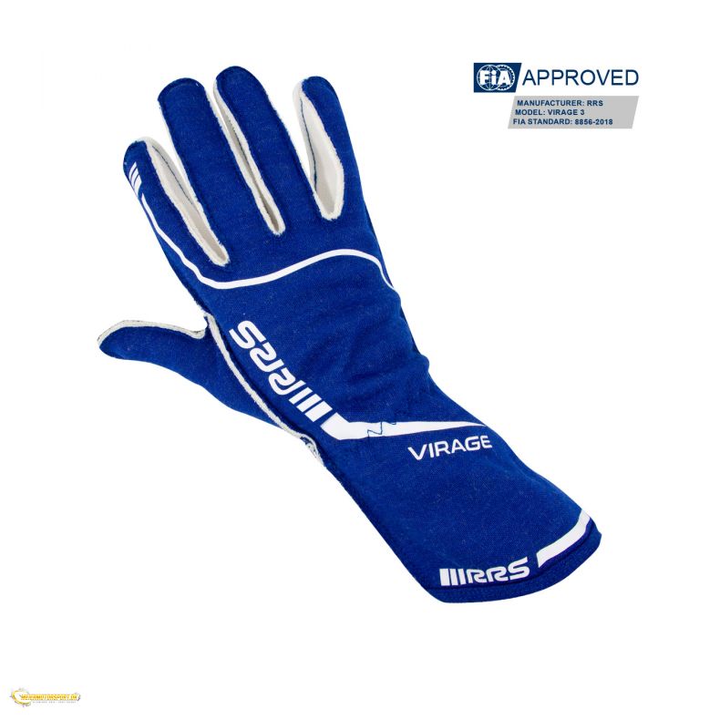 Racing gloves RRS VIRAGE 3 - BLUE logo WHITE - FIA 8856-2018