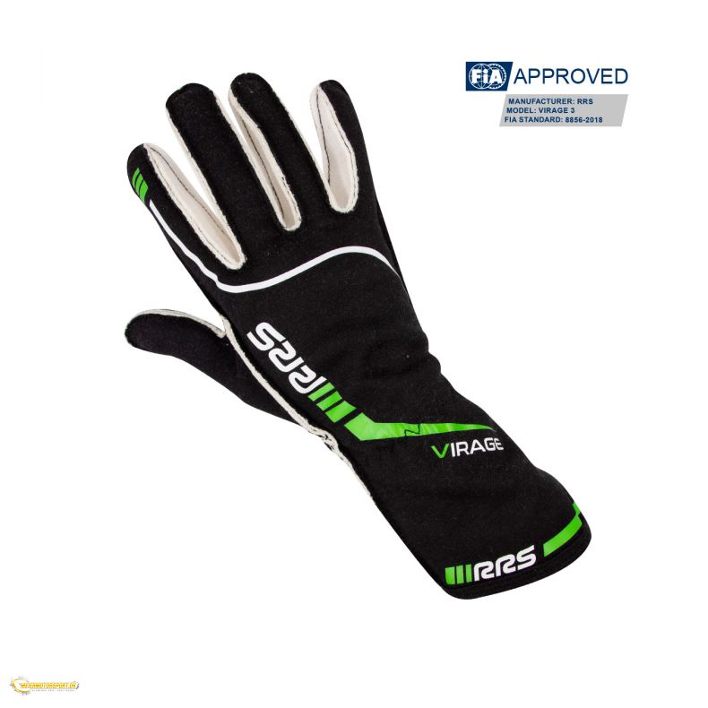 Racing gloves RRS VIRAGE 3 - BLACK logo GREEN - FIA 8856-2018