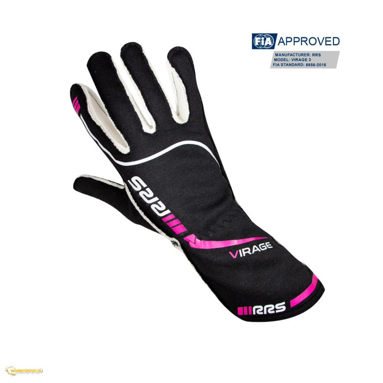 Racing gloves RRS VIRAGE 3 - BLACK logo PINK - FIA 8856-2018